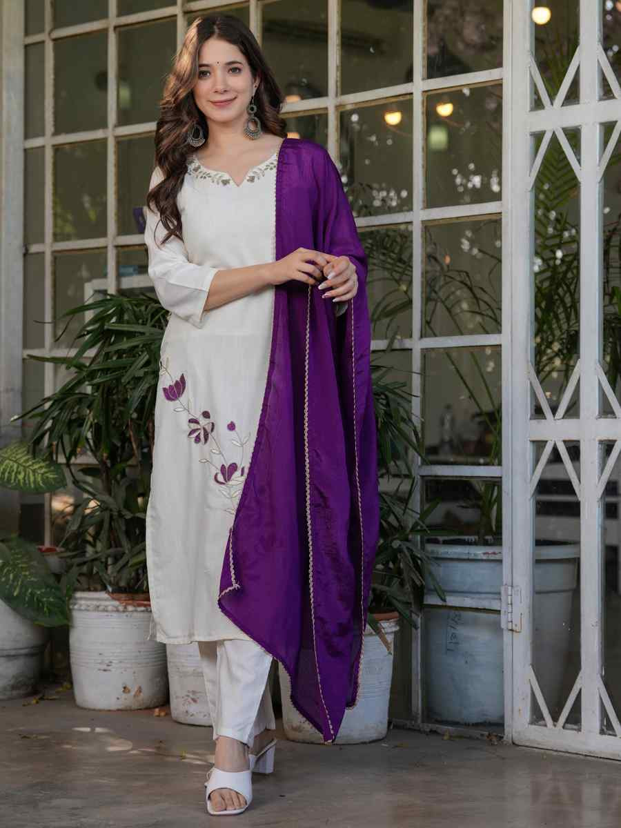 Off White Viscose Rayon Embroidered Festival Casual Ready Pant Salwar Kameez