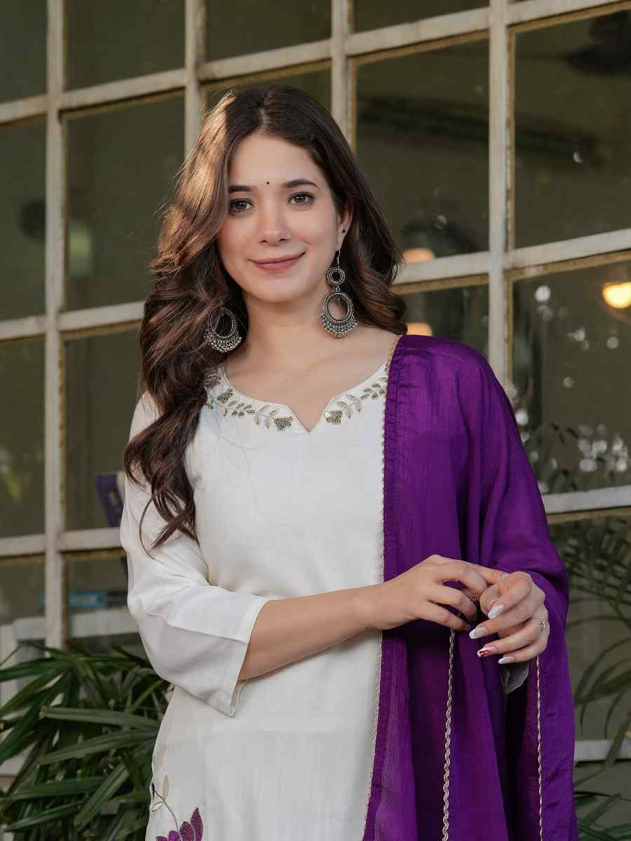 Off White Viscose Rayon Embroidered Festival Casual Ready Pant Salwar Kameez