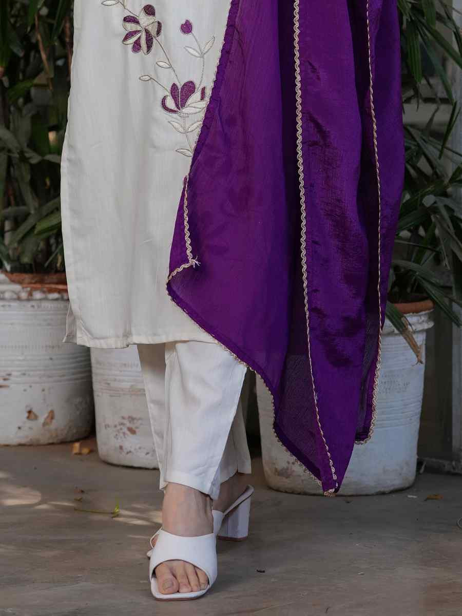 Off White Viscose Rayon Embroidered Festival Casual Ready Pant Salwar Kameez