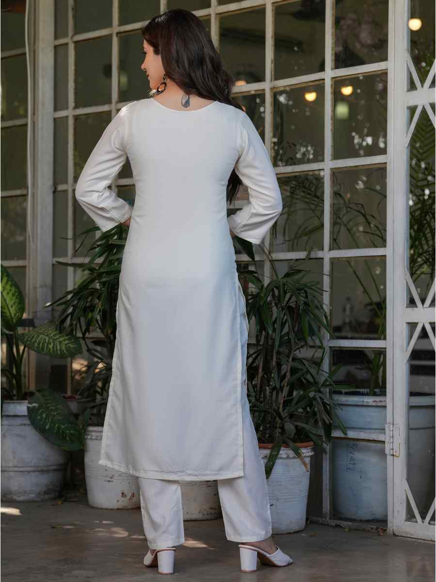 Off White Viscose Rayon Embroidered Festival Casual Ready Pant Salwar Kameez
