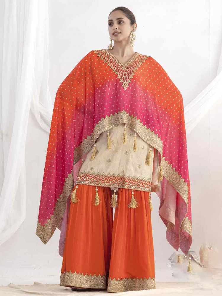 Image of Off-White Viscose Simmer Jaquard Embroidery Party Wedding Festival Casual Ready Sharara Pant Salwar Kameez