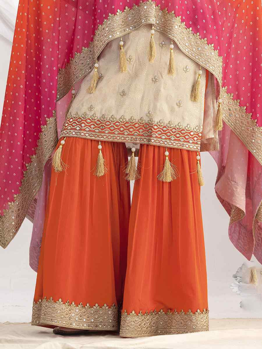 Off-White Viscose Simmer Jaquard Embroidery Party Wedding Festival Casual Ready Sharara Pant Salwar Kameez