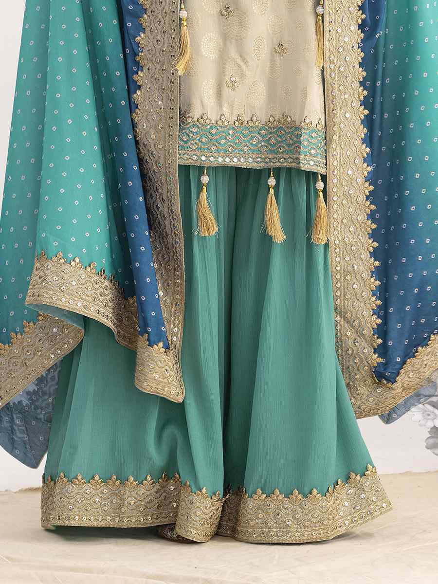 Off-White Viscose Simmer Jaquard Embroidery Party Wedding Festival Casual Ready Sharara Pant Salwar Kameez