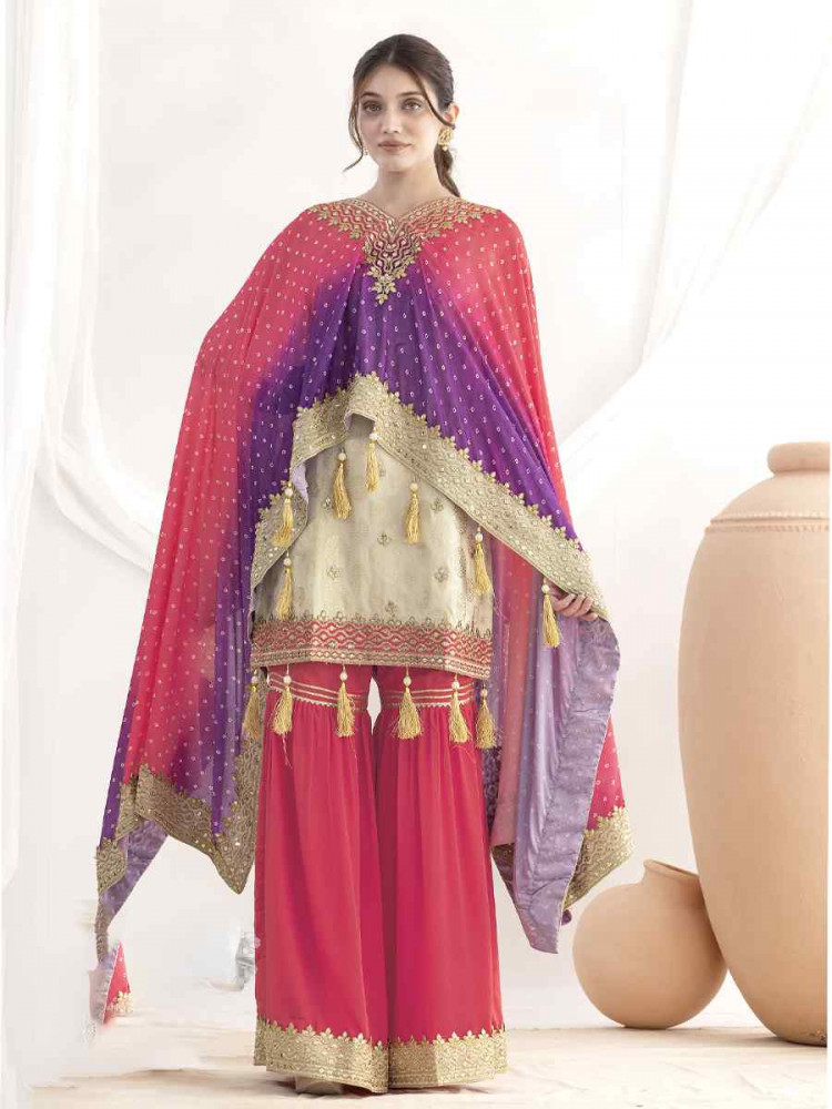 Image of Off-White Viscose Simmer Jaquard Embroidery Party Wedding Festival Casual Ready Sharara Pant Salwar Kameez
