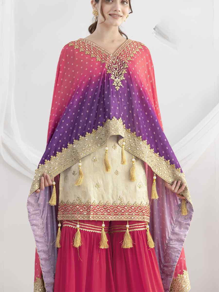 Off-White Viscose Simmer Jaquard Embroidery Party Wedding Festival Casual Ready Sharara Pant Salwar Kameez