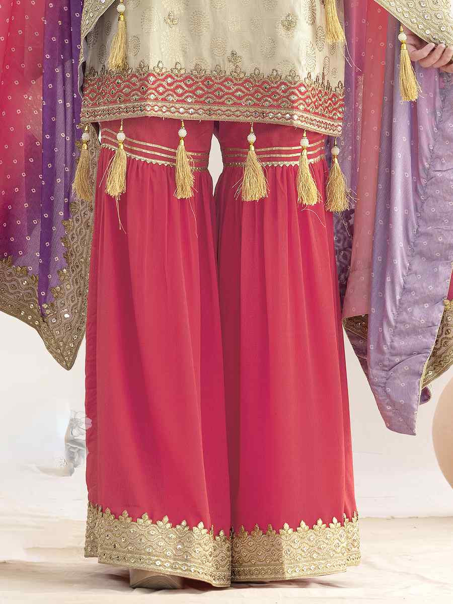 Off-White Viscose Simmer Jaquard Embroidery Party Wedding Festival Casual Ready Sharara Pant Salwar Kameez