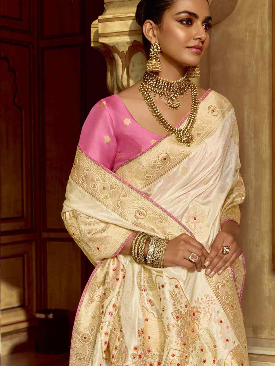 Offwhite Black Viscose Handwoven Festival Wedding Fancy Heavy Border Saree