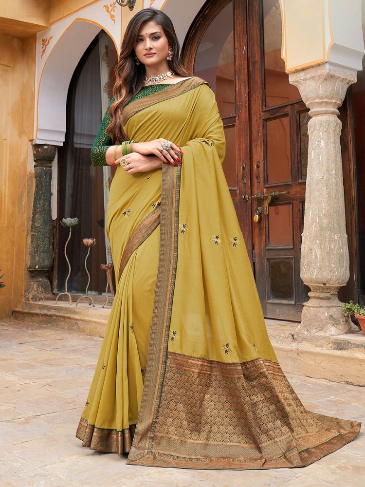 Old Gold Yellow Vichitra Silk Embroidered Party Saree