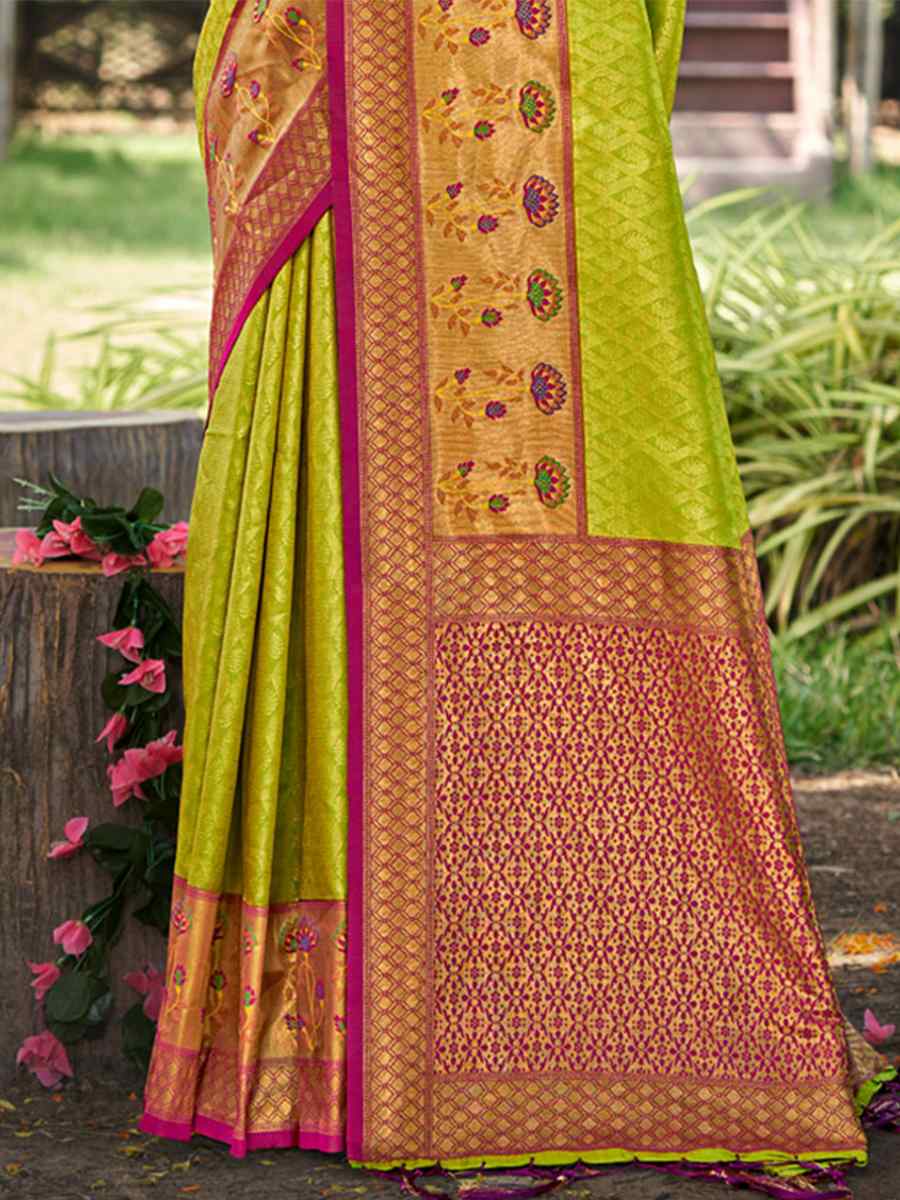Olive Banarasi Silk Handwoven Wedding Festival Heavy Border Saree