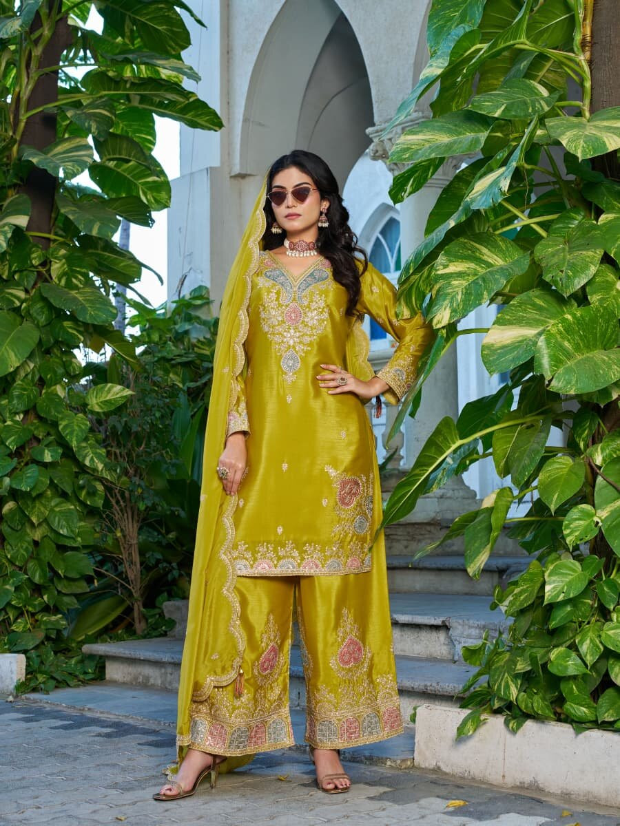 Olive Chinon Embroidery Zari Sequins Wedding Party Festival Casual Palazzo Pant Salwar Kameez