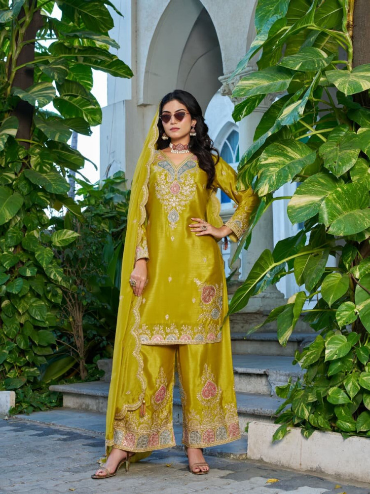 Image of Olive Chinon Embroidery Zari Sequins Wedding Party Festival Casual Palazzo Pant Salwar Kameez