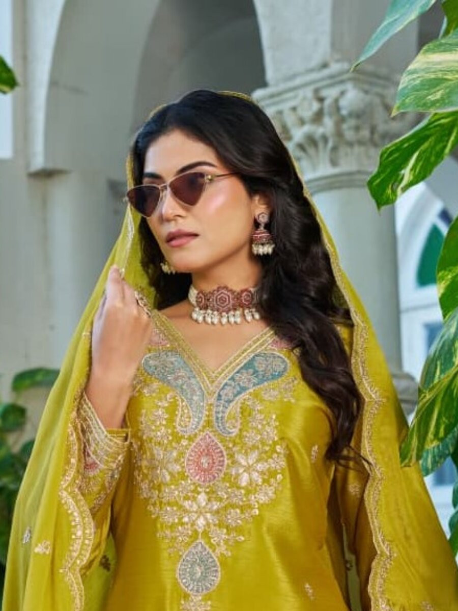 Olive Chinon Embroidery Zari Sequins Wedding Party Festival Casual Palazzo Pant Salwar Kameez