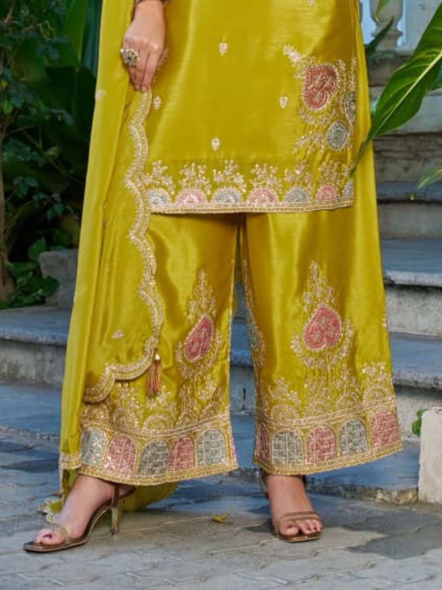 Olive Chinon Embroidery Zari Sequins Wedding Party Festival Casual Palazzo Pant Salwar Kameez