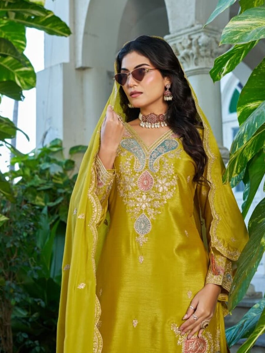 Olive Chinon Embroidery Zari Sequins Wedding Party Festival Casual Palazzo Pant Salwar Kameez