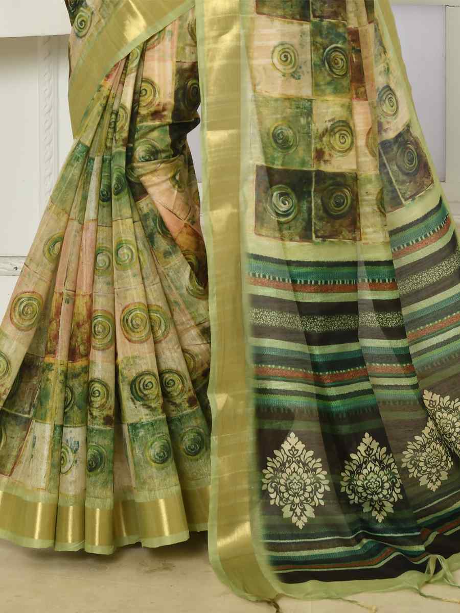 Olive Cotton Silk Printed Casual Festival Classic Style Saree