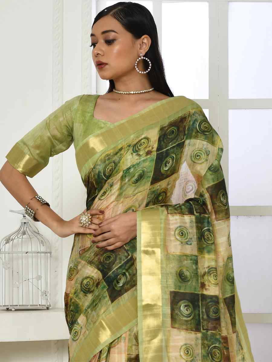Olive Cotton Silk Printed Casual Festival Classic Style Saree