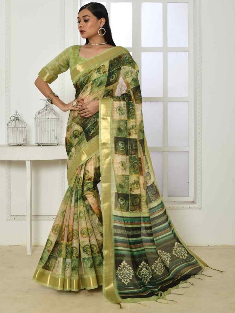 Olive Cotton Silk Printed Casual Festival Classic Style Saree