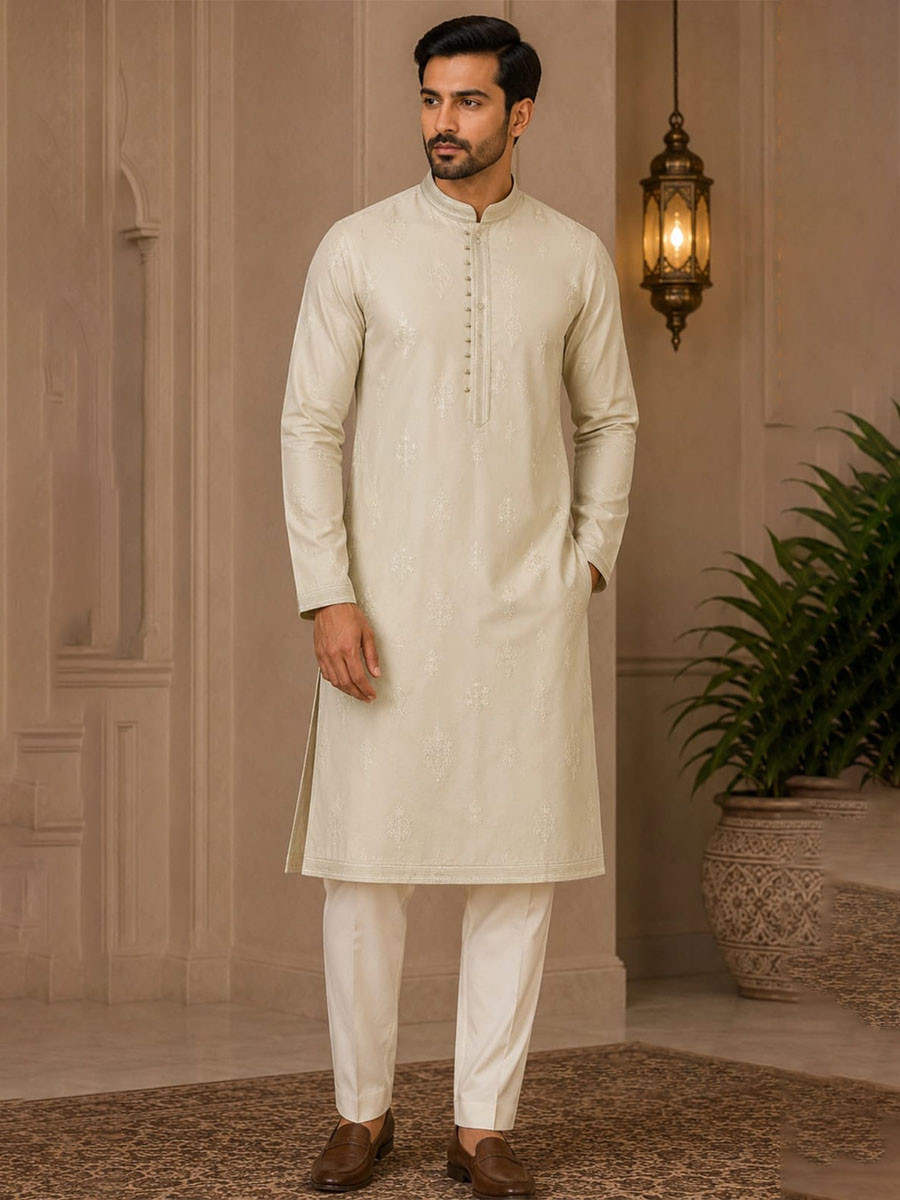 Olive Cream Art Silk Embroidery Wedding Party Festival Casual Mens Wear Kurta