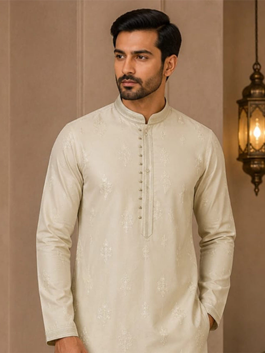 Olive Cream Art Silk Embroidery Wedding Party Festival Casual Mens Wear Kurta