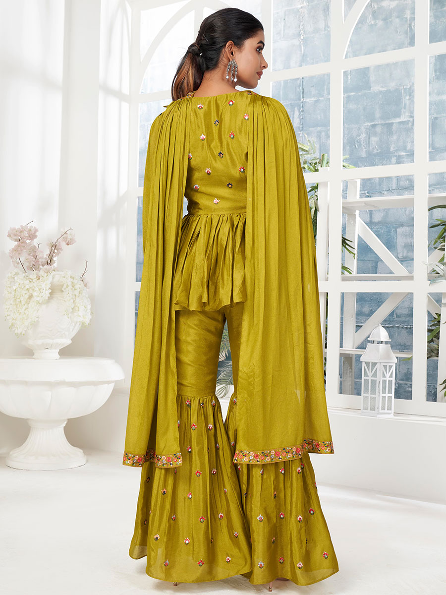 Olive Drab Green Chinon Embroidered Party Palazzo Pant Kameez