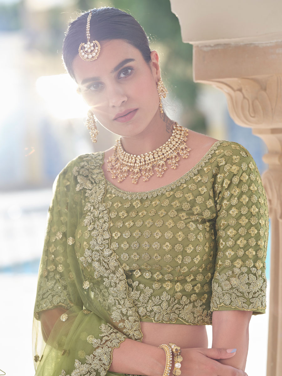 Olive Drab Green Net Embroidered Bridal Lehenga Choli