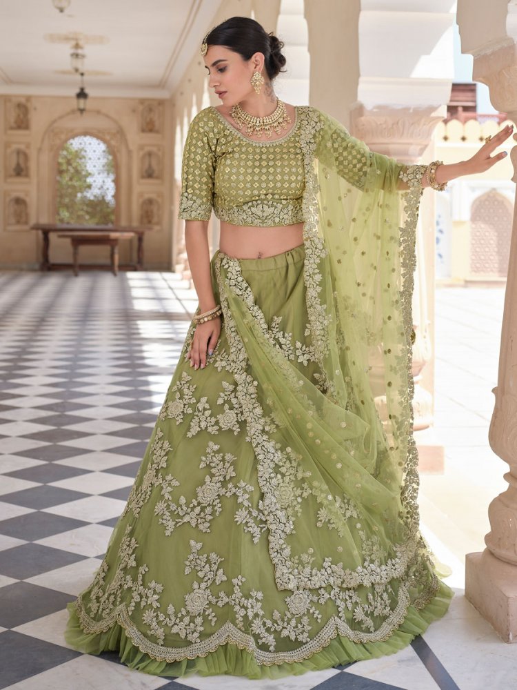 Olive Drab Green Net Embroidered Bridal Lehenga Choli
