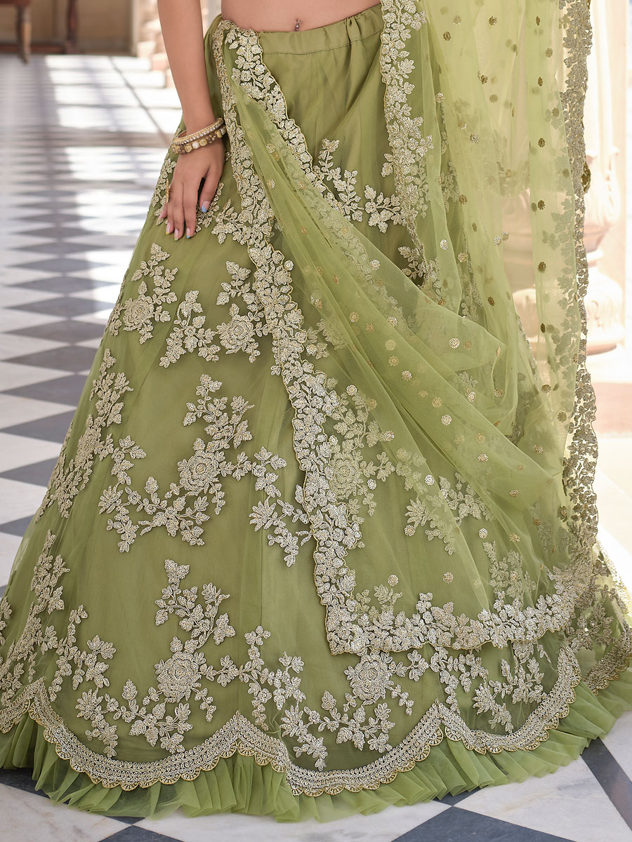 Olive Drab Green Net Embroidered Bridal Lehenga Choli