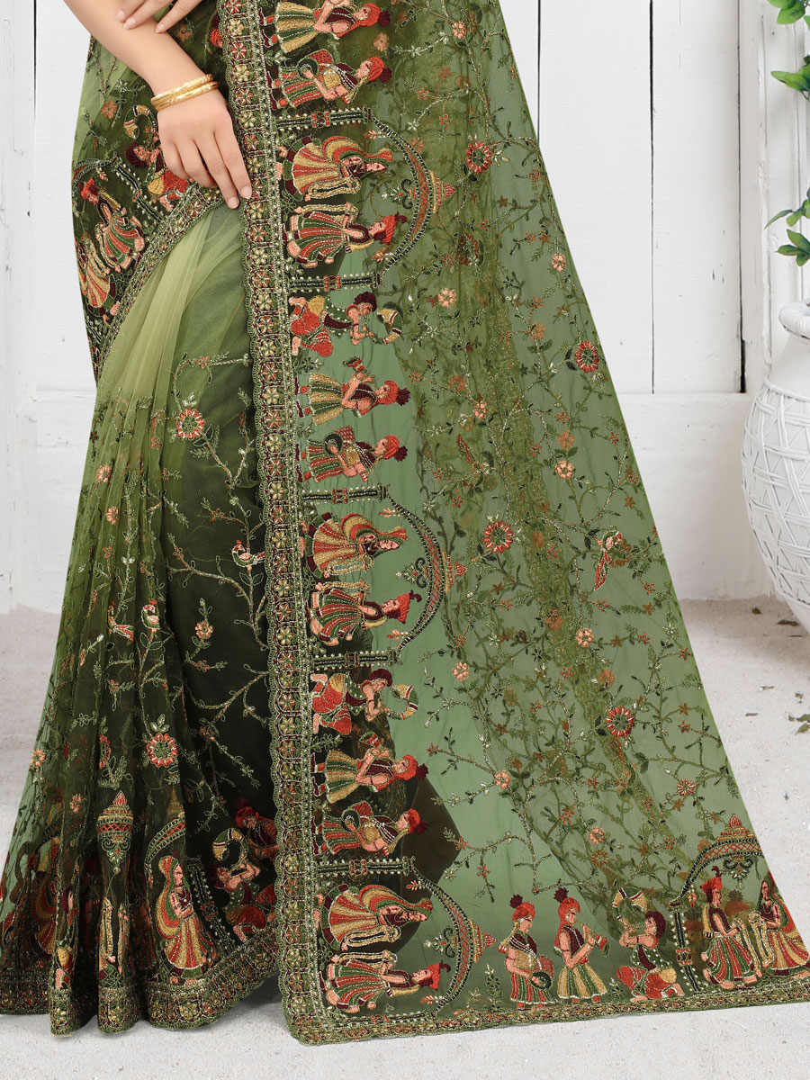 Olive Drab Green Net Embroidered Party Saree
