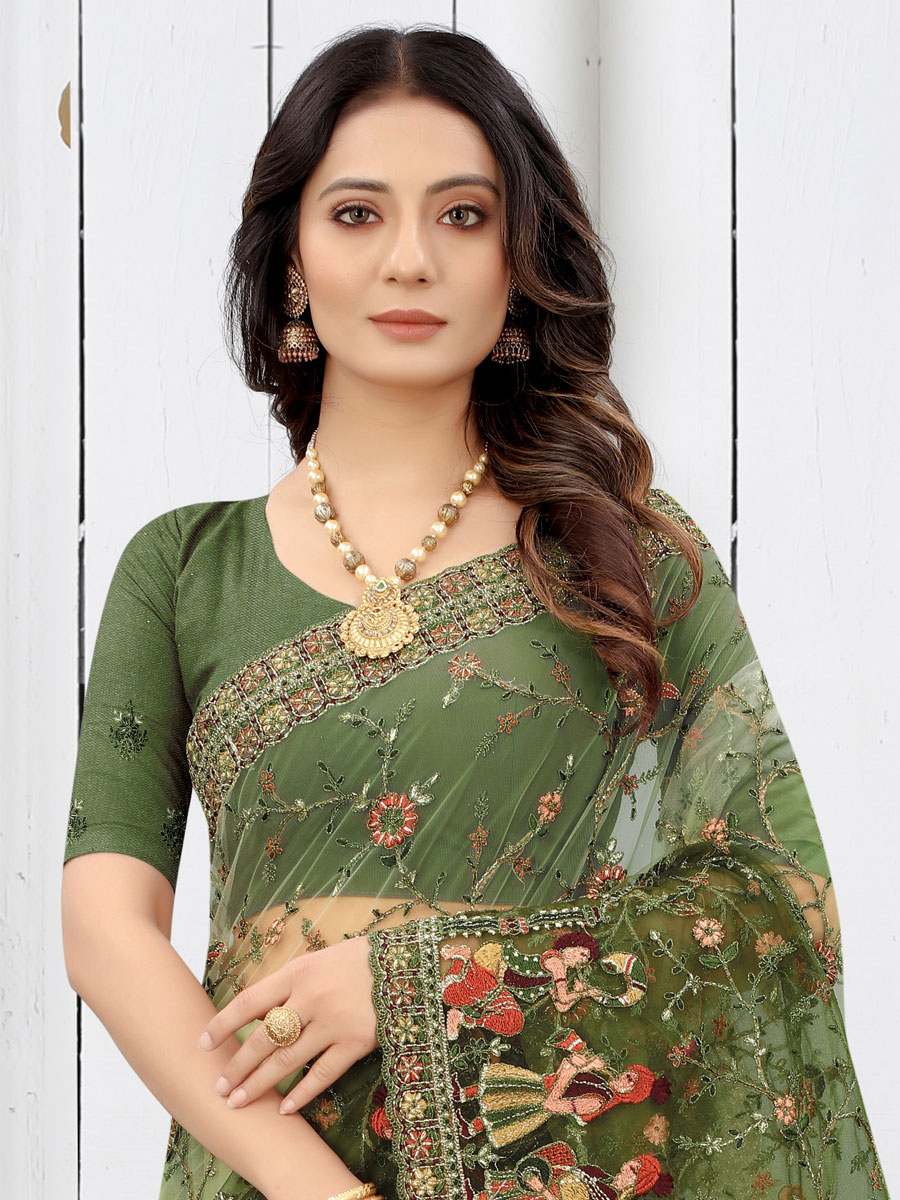 Olive Drab Green Net Embroidered Party Saree