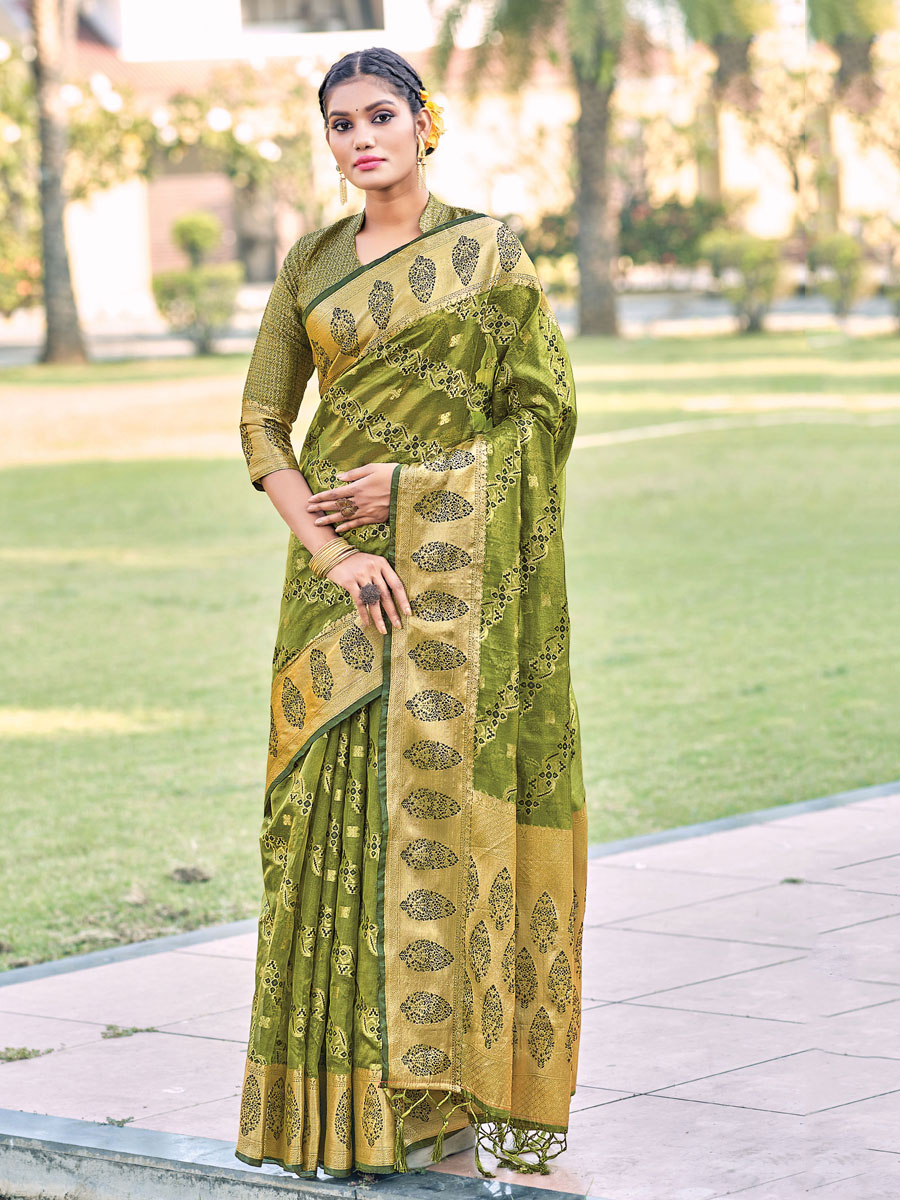Olive Drab Green Organza Handwoven Festival Saree