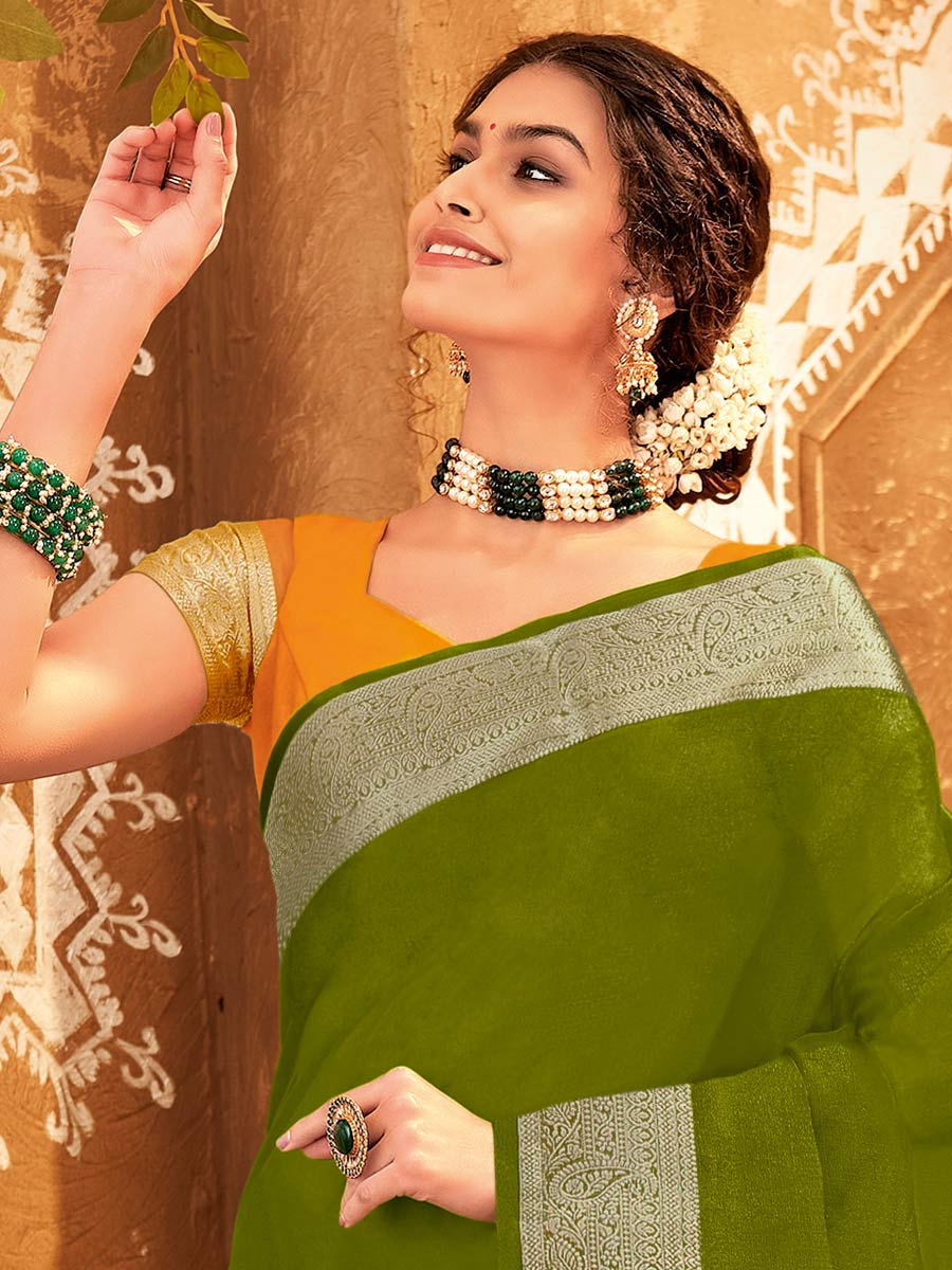 Olive Drab Green Organza Handwoven Festival Saree