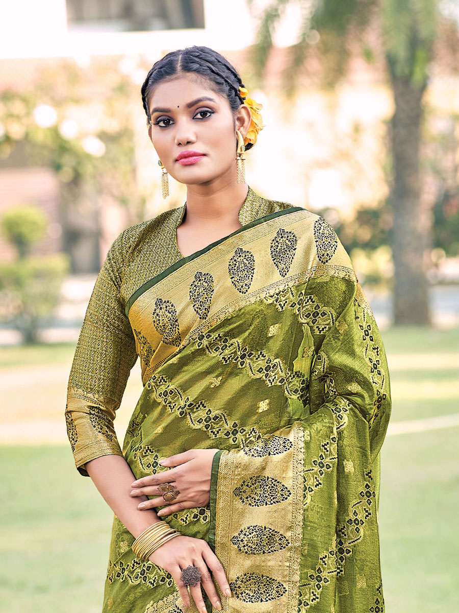 Olive Drab Green Organza Handwoven Festival Saree