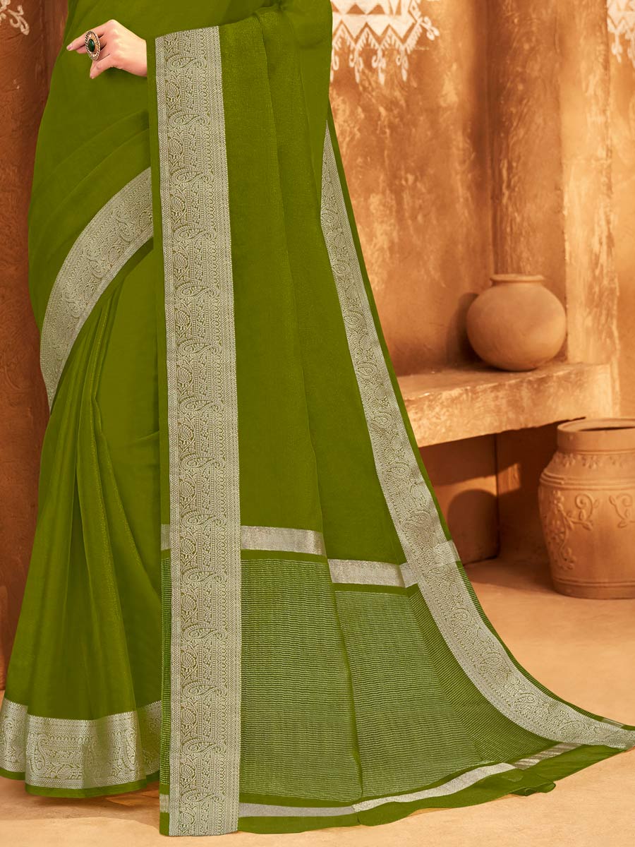 Olive Drab Green Organza Handwoven Festival Saree