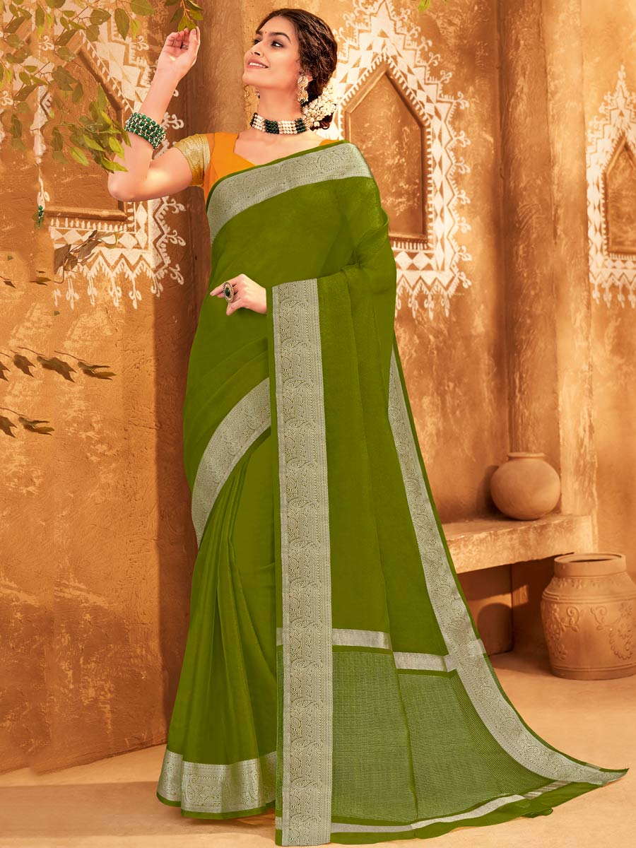 Olive Drab Green Organza Handwoven Festival Saree