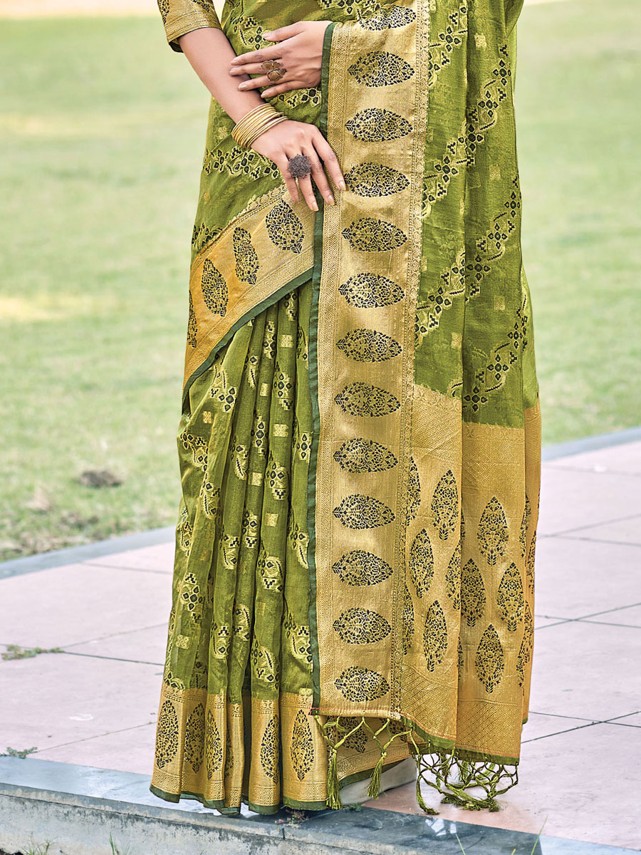 Olive Drab Green Organza Handwoven Festival Saree