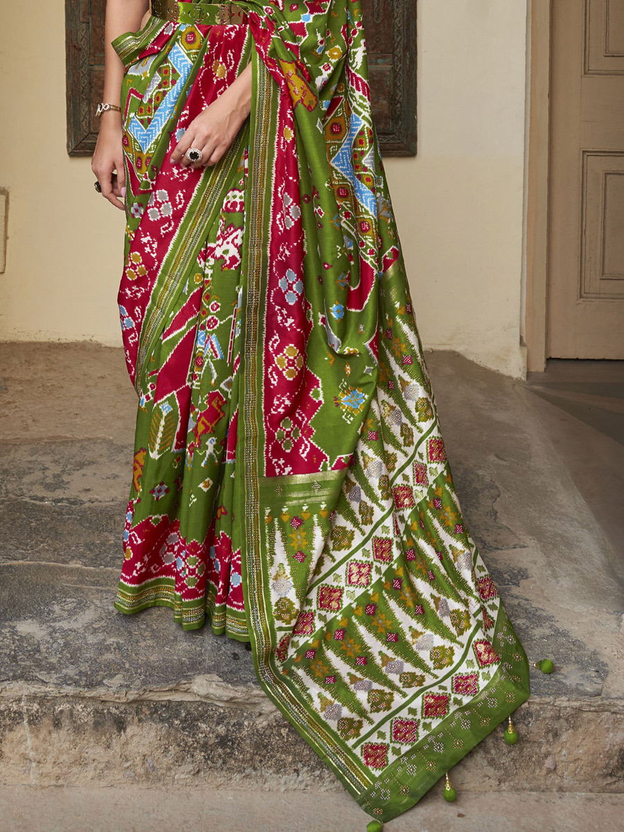Olive Drab Green Patola Silk Festival Printed Saree