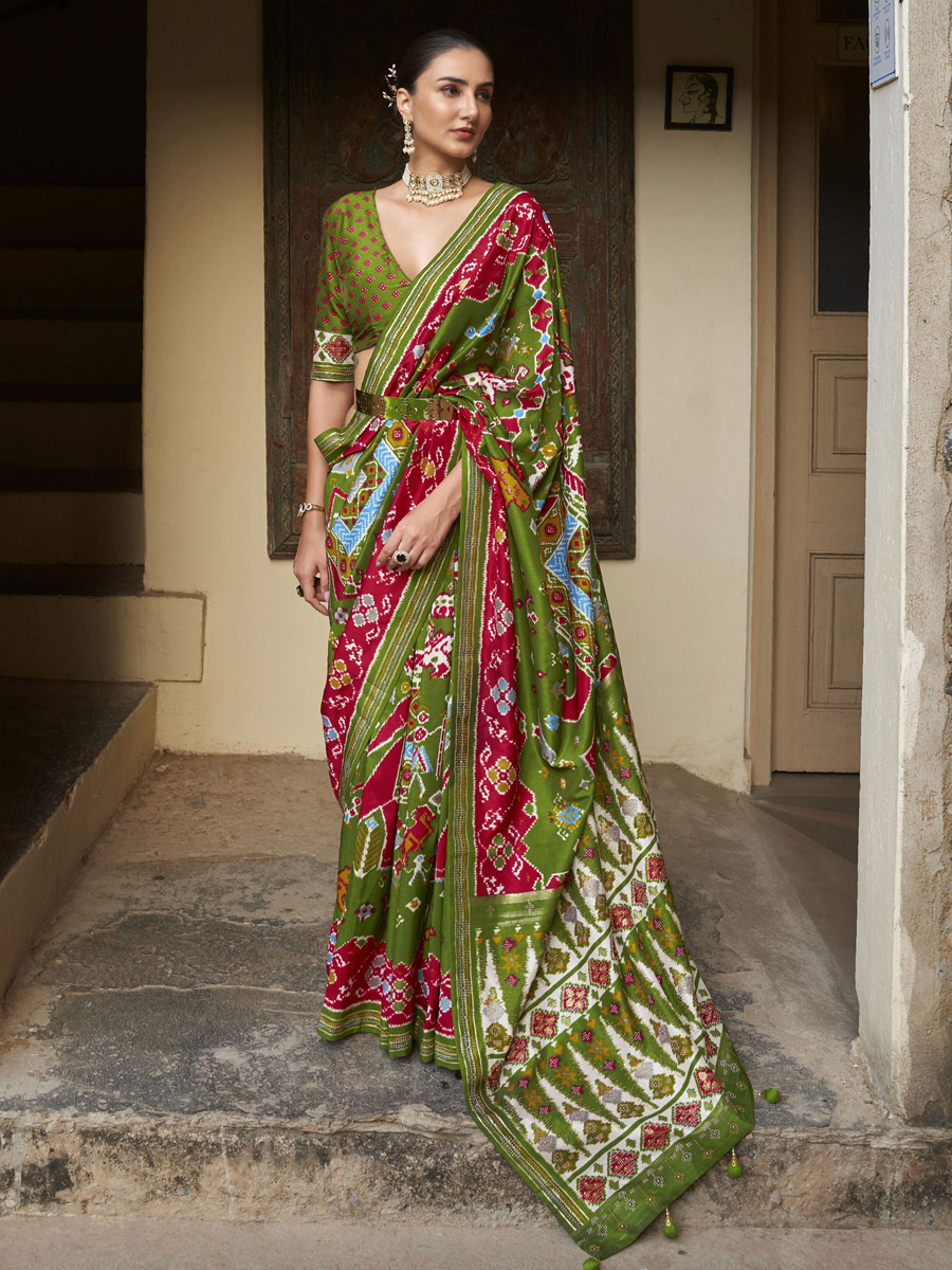 Olive Drab Green Patola Silk Festival Printed Saree