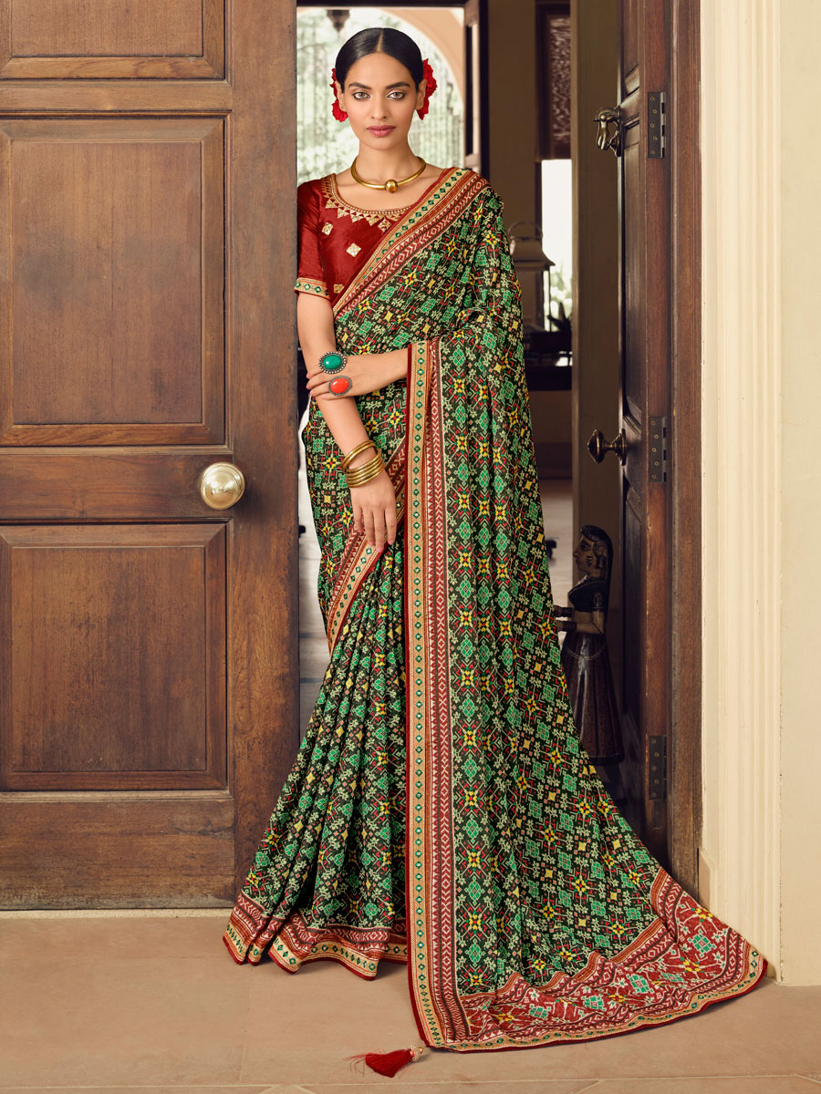 Olive Drab Green Silk Handwoven Party Saree