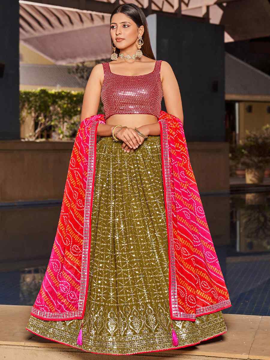 Olive Georgette Embroidered Festival Wedding Circular Lehenga Choli