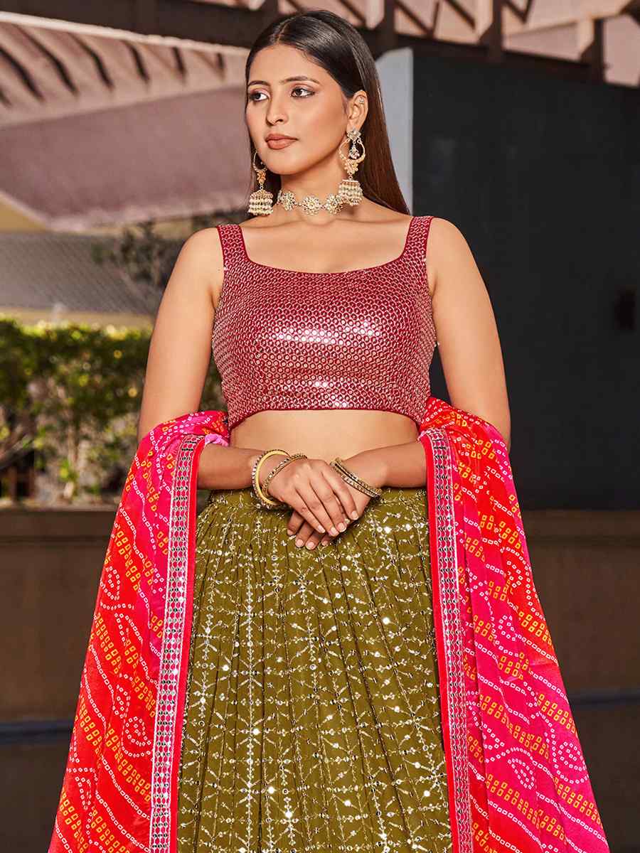 Olive Georgette Embroidered Festival Wedding Circular Lehenga Choli