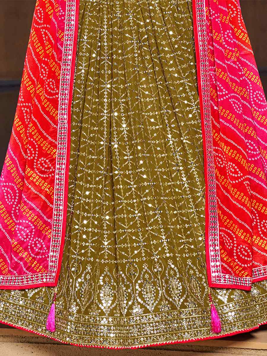Olive Georgette Embroidered Festival Wedding Circular Lehenga Choli