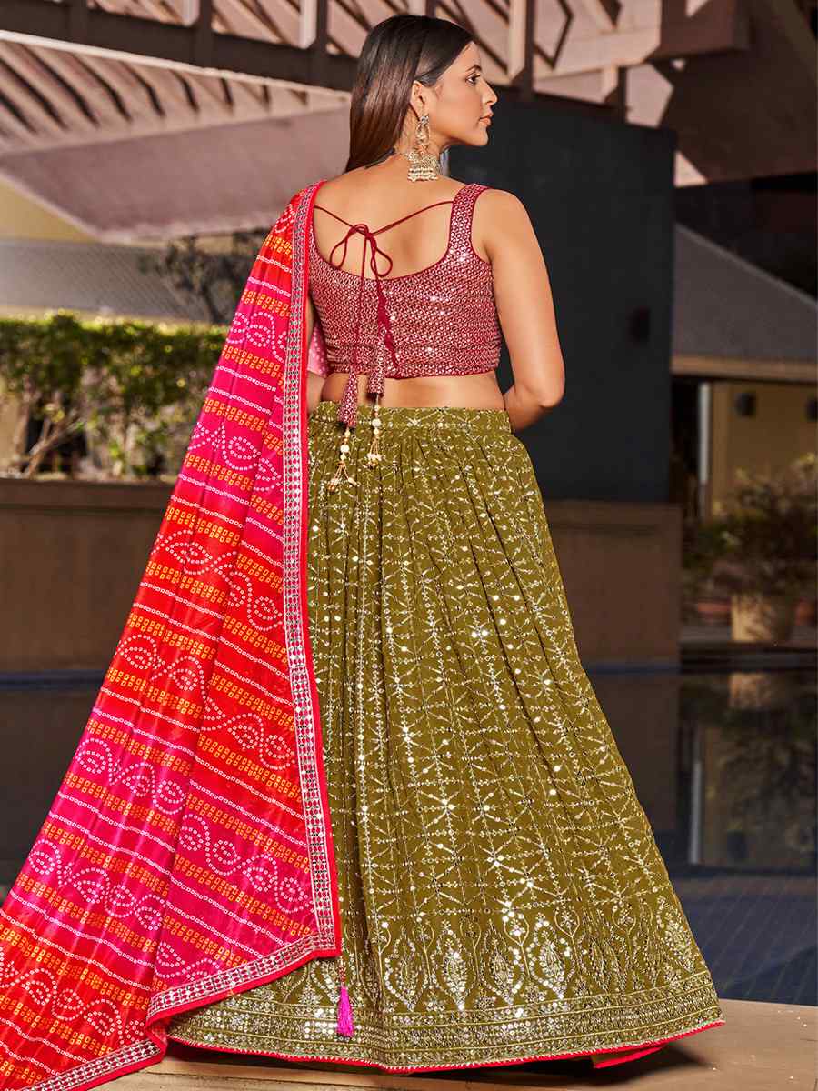 Olive Georgette Embroidered Festival Wedding Circular Lehenga Choli