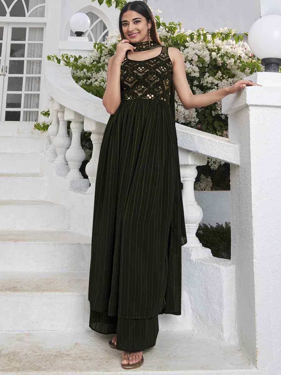 Olive Georgette Embroidered Festival Wedding Palazzo Pant Salwar Kameez