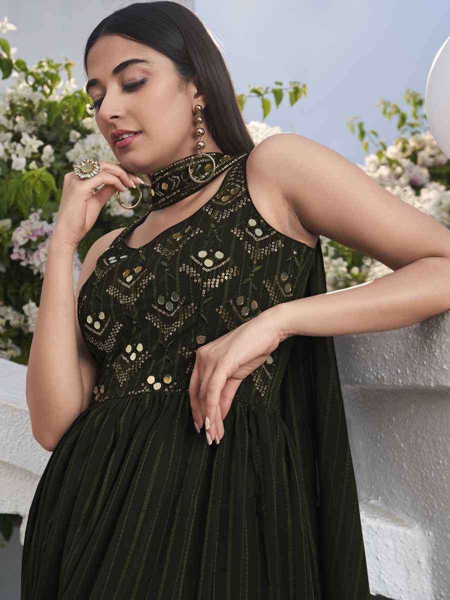 Olive Georgette Embroidered Festival Wedding Palazzo Pant Salwar Kameez