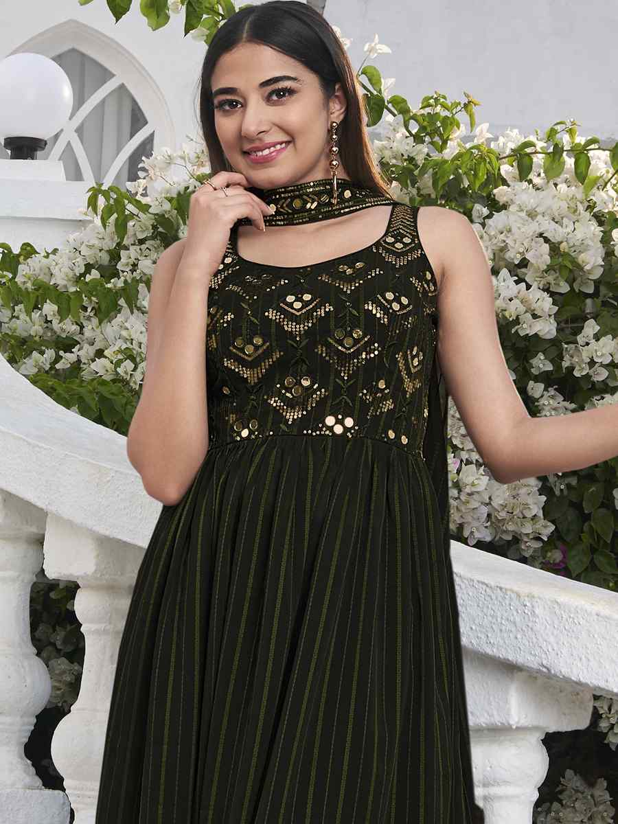 Olive Georgette Embroidered Festival Wedding Palazzo Pant Salwar Kameez