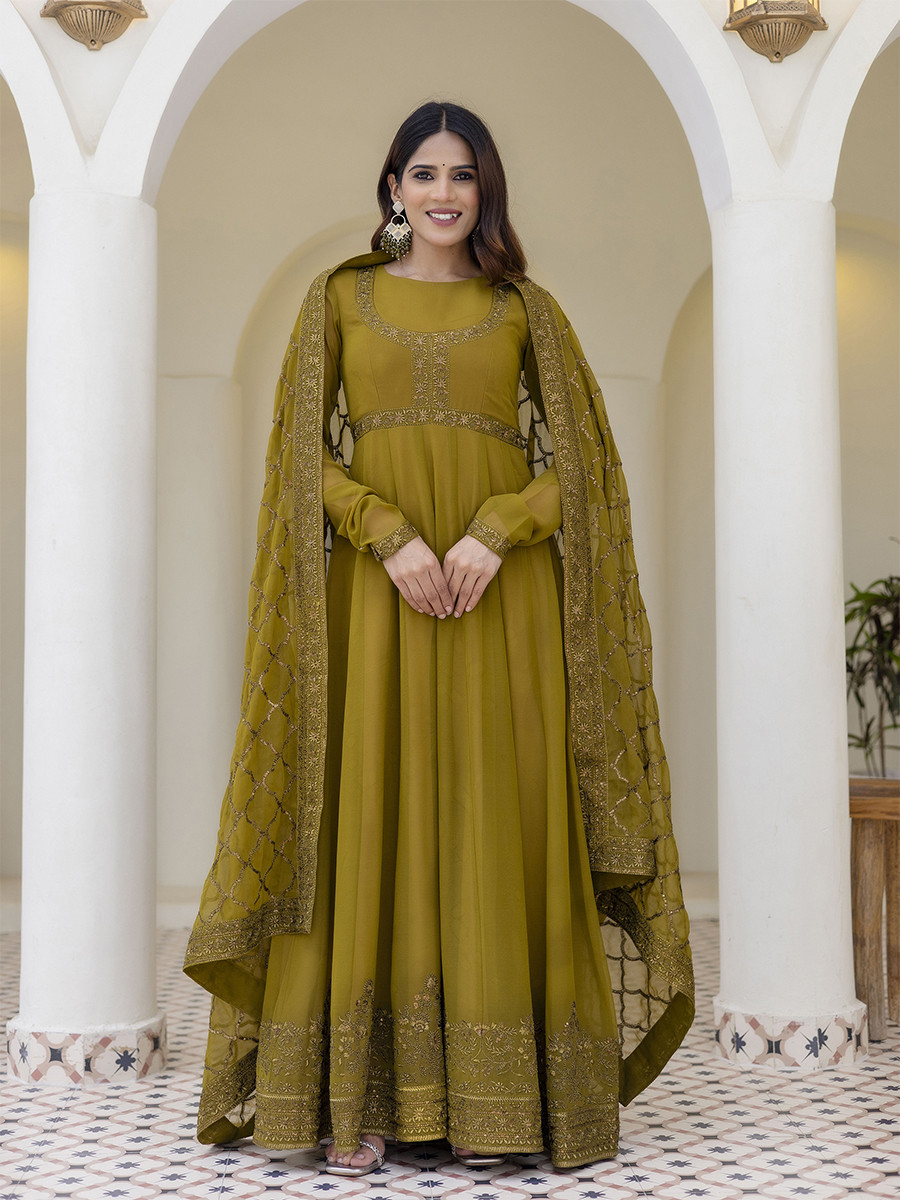 Olive Georgette Embroidered Wedding Festival Casual Party Wear Gown Women Wear