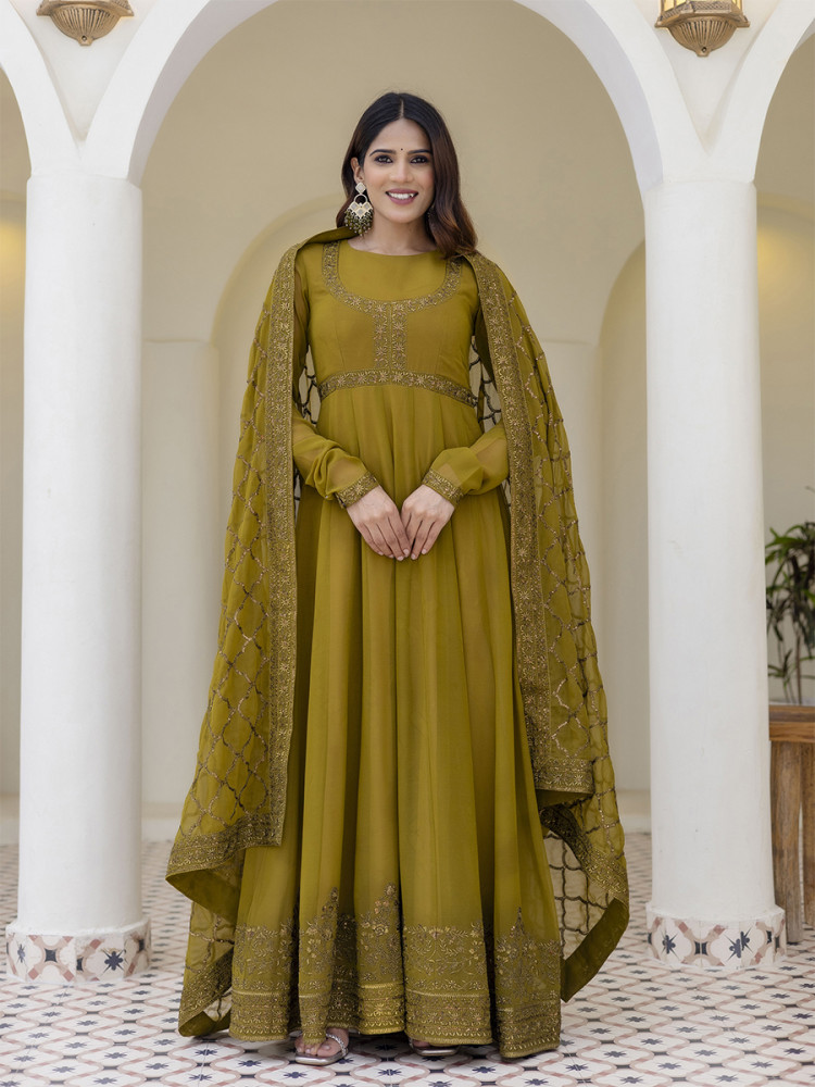 Image of Olive Georgette Embroidered Wedding Festival Casual Party Wear Gown Women Wear