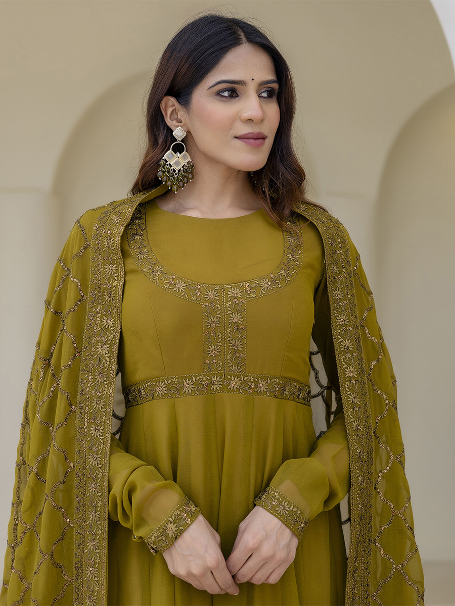 Olive Georgette Embroidered Wedding Festival Casual Party Wear Gown Women Wear