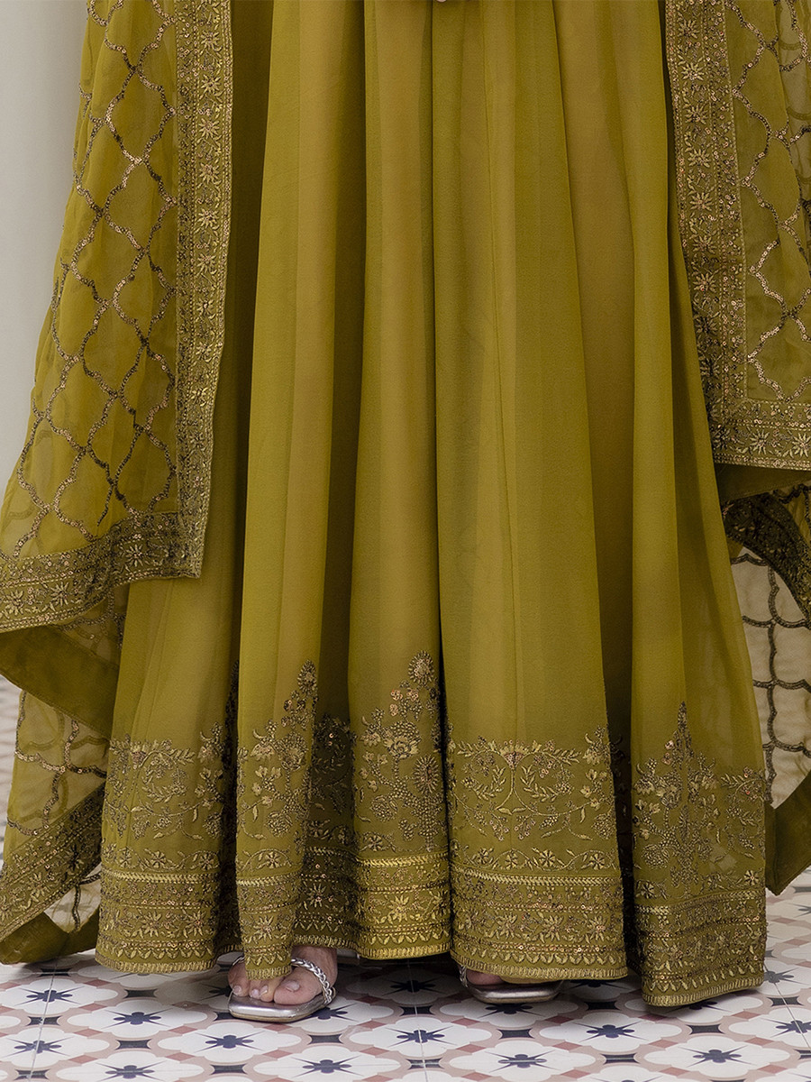 Olive Georgette Embroidered Wedding Festival Casual Party Wear Gown Women Wear