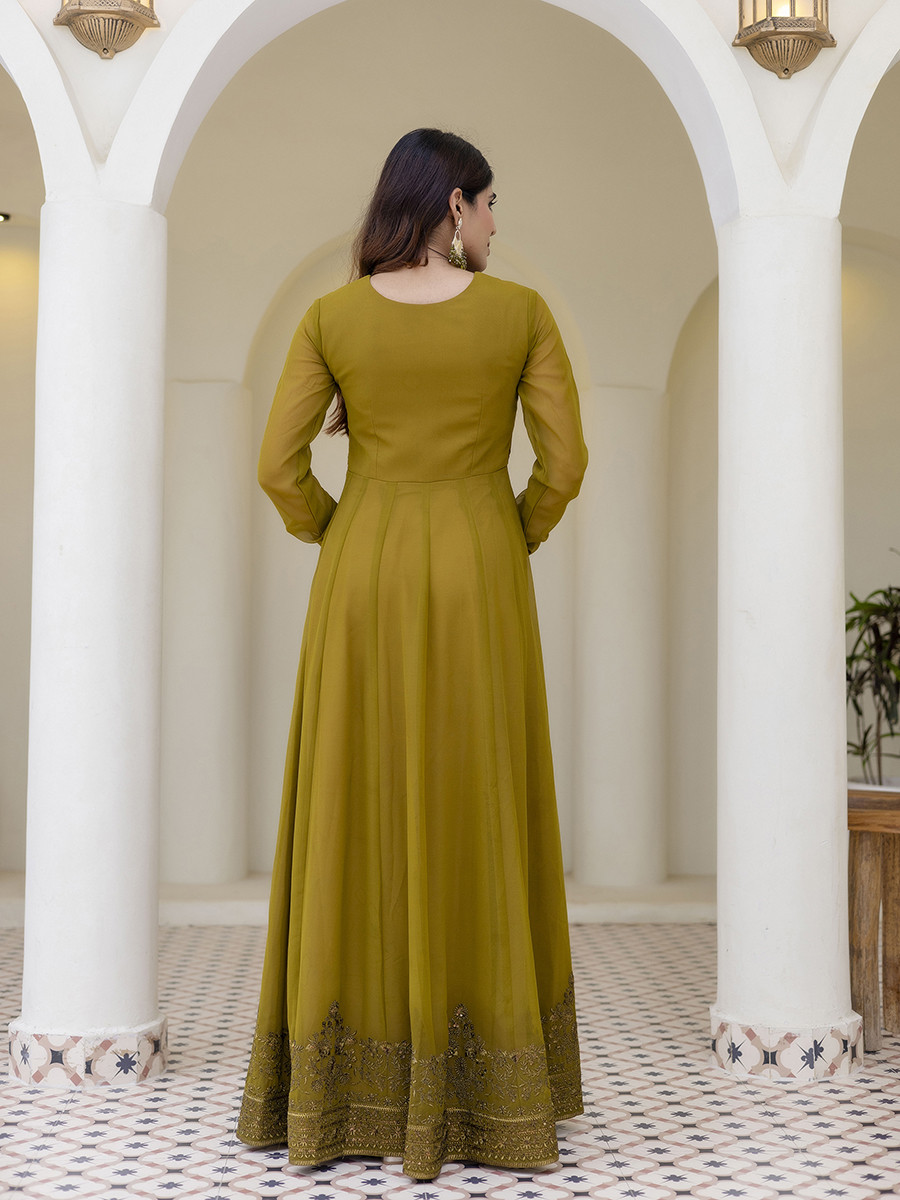 Olive Georgette Embroidered Wedding Festival Casual Party Wear Gown Women Wear